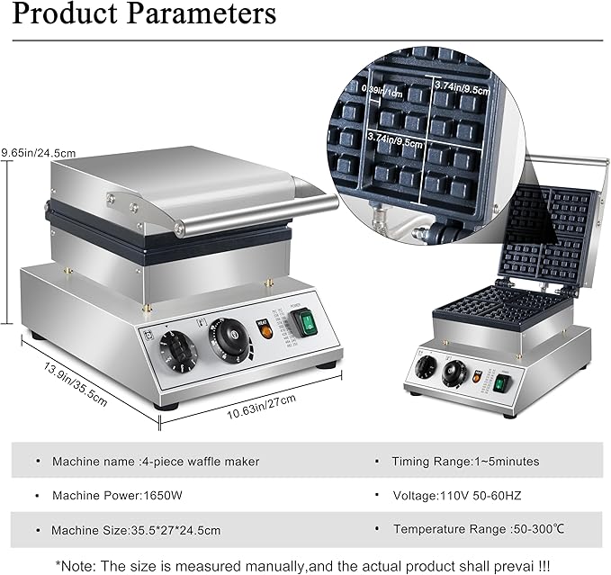 Commercial Waffle Maker, 1600W square Waffle Iron, Non-Stick Belgian Waffle Baker Machine With Temp Range and Time Control, Teflon-Coated Baking Pan Stainless Steel Body