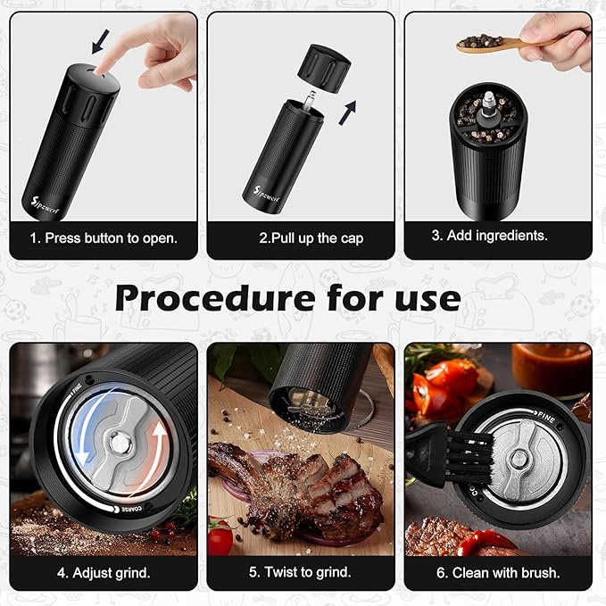 USB Rechargeable Salt and Pepper Grinder Set Electric Pepper Grinders Automatic Pepper Mills Salt Shaker Adjustable Coarseness Large Capacity One Hand Operation (BLACK)