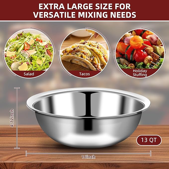 10 Pcs Stainless Steel Mixing Bowls Metal Mixing Bowls Extra Large Basin Salad Bowl with Deeper Edge, Dishwasher Safe, Mirror Finish for Home and Commercial, Silver (16 Inch 13 Qt)