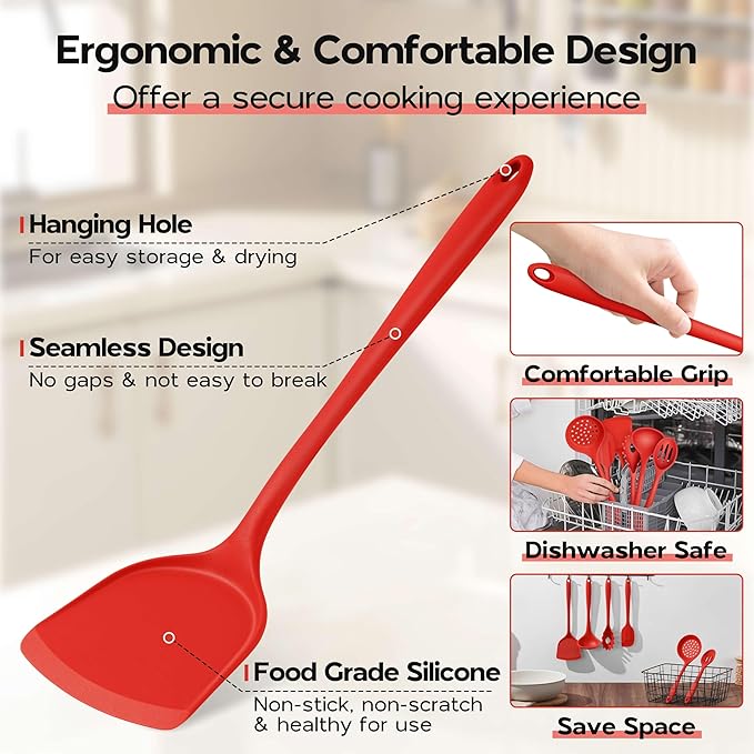 Silicone Cooking Utensils Set, Onader Red Kitchen Utensils 6 Pcs Set, Heat Resistant Kitchen Tool Kit, Nonstick Cookware Friendly & Non Toxic