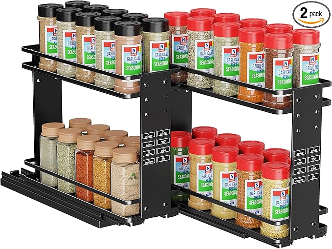 Nieifi Pull Out Spice Rack Organizer, 2 Tiers, Black, Spice Organization for Cabinet, Height Adjustable, Easy to Install