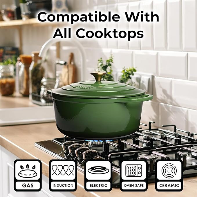 Zulay Kitchen 7.7 Quart Enameled Cast Iron Dutch Oven with Lid, Silicone Trivet & Heat Pad – Premium Durability & Oven Safe up to 500°F – Heavy Duty Cookware Perfect for Bread Baking, Stews, Braising & Roasting – Green