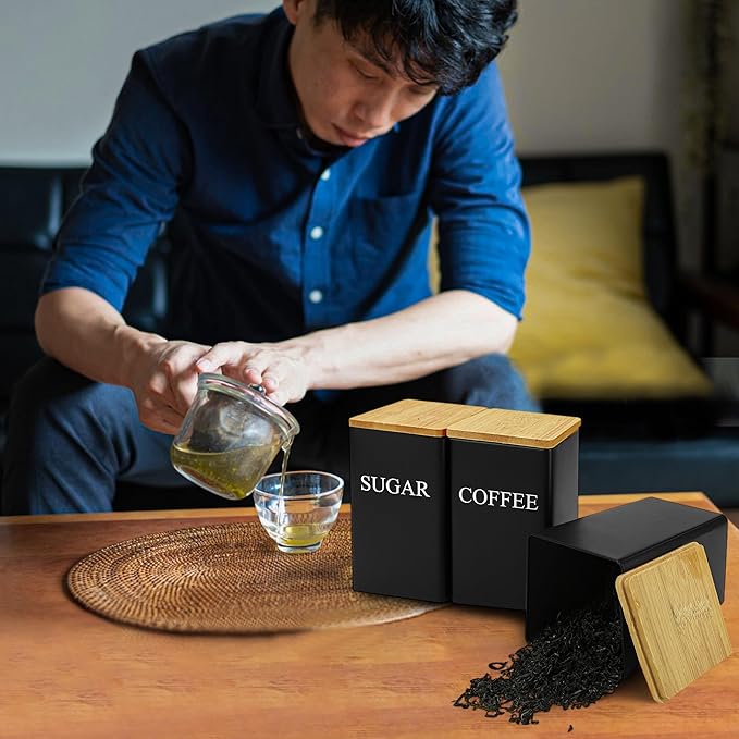 Set of 3 Coffee, Tea, and Sugar Canister Black Iron – Kitchen Storage Jars with Bamboo Lid and Name Marker – Simple Flour Container (6x3 Inch, 33 OZ)
