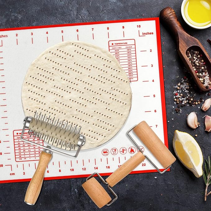 3pcs Pizza Tool Set, Include Pizza Docker, Pizza Dough Roller and Silicone Baking Mat, Dough Docker, Non Slip Baking Mat, Wooden Rolling Pin for Pizza, Cookie, Pie, Pastry, Bread