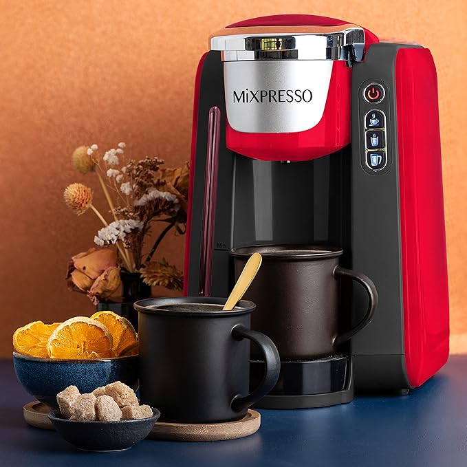 Mixpresso Single Cup Coffee Maker Compatible With 1.0 & 2.0 Single Cup Pods, Removable 45oz Water Tank, Quick Brewing with Auto Shut-Off, One Touch Function (Red/Black)