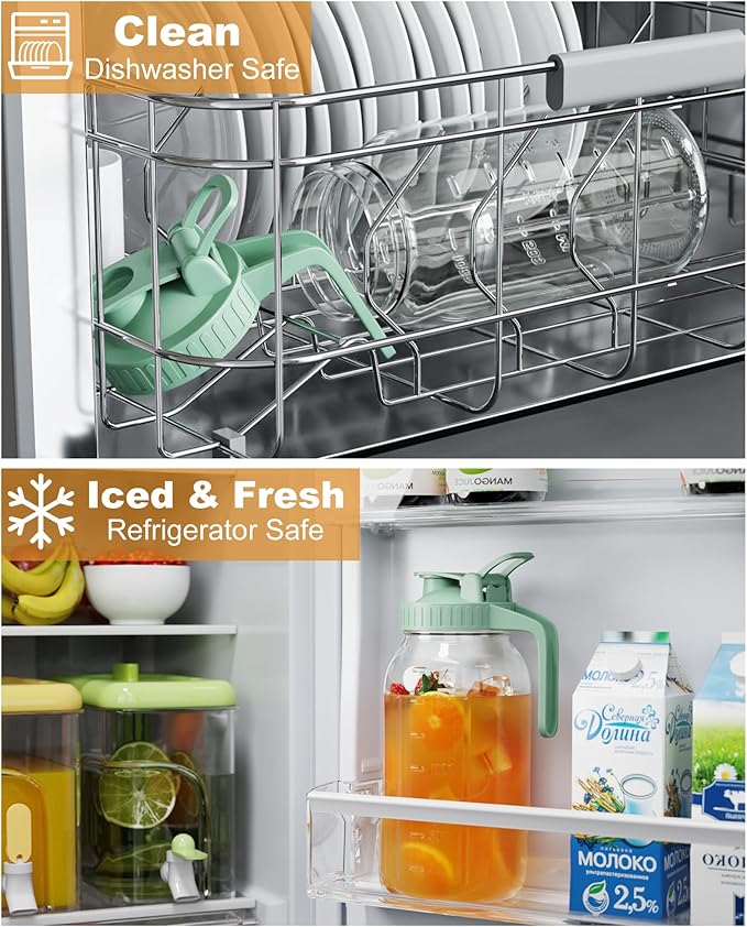 64oz Glass Mason Jar Pitcher with Lid and Spout, 2 Quart Airtight Glass Water Jug, Leakproof Wide Mouth Mason Jar Pitcher for Iced Sun Tea, Milk Storage, Cold Brew Coffee, Juice, Green