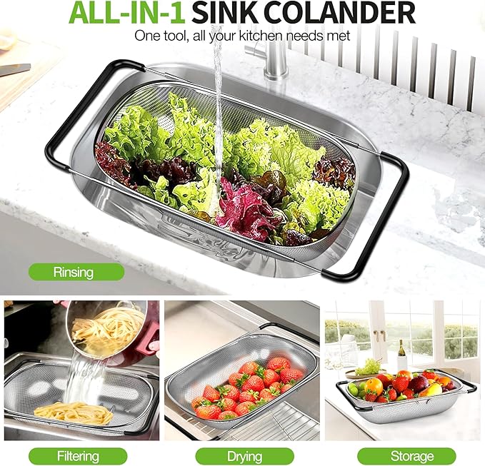 FirstE Over the Sink Colander Strainer Basket 6 Quart, Fine Mesh Stainless Steel Colander with Expandable Anti-slip Rubber Grip Handles, Kitchen Sink Vegetable Strainer for Drain Pasta, Rinse Fruits