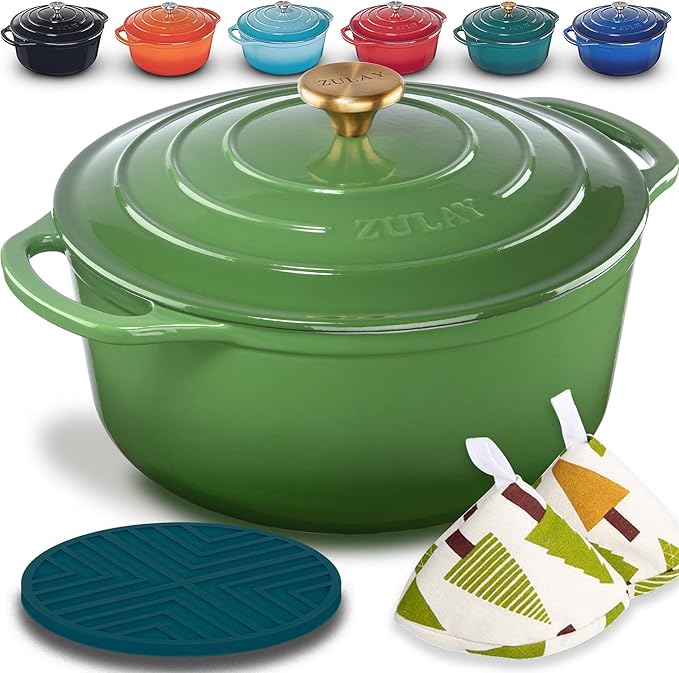 Zulay Kitchen 7.7 Quart Enameled Cast Iron Dutch Oven with Lid, Silicone Trivet & Heat Pad – Premium Durability & Oven Safe up to 500°F – Heavy Duty Cookware Perfect for Bread Baking, Stews, Braising & Roasting – Green