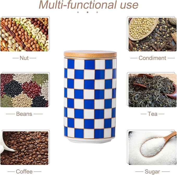 Kitchen countertop ceramic grid pattern airtight jar set - a set of 3 kitchen jars with layered shelves, sealed countertop flour and sugar containers, coffee and tea storage (Blue)