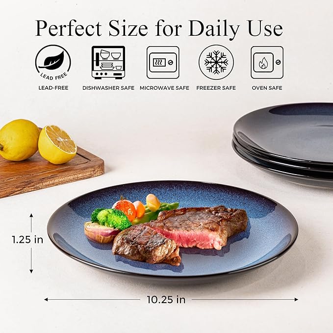 LERATIO Ceramic Dinner Plates Set of 6, 10.5 Inch Handmade Reactive Glaze Porcelain Plates, Coupe Shape Dinnerware Dishes Set for Kitchen,Oven& Microwave & Dishwasher Safe, Scratch Resistant-Blue