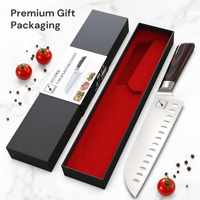 imarku Japanese Chef Knife, Ultra Sharp Santoku Knife 7 Inch, Professional Grade Powder Steel Forged Kitchen Knife, Pakka Wood Ergonomic handle, Gifts for Women and Men