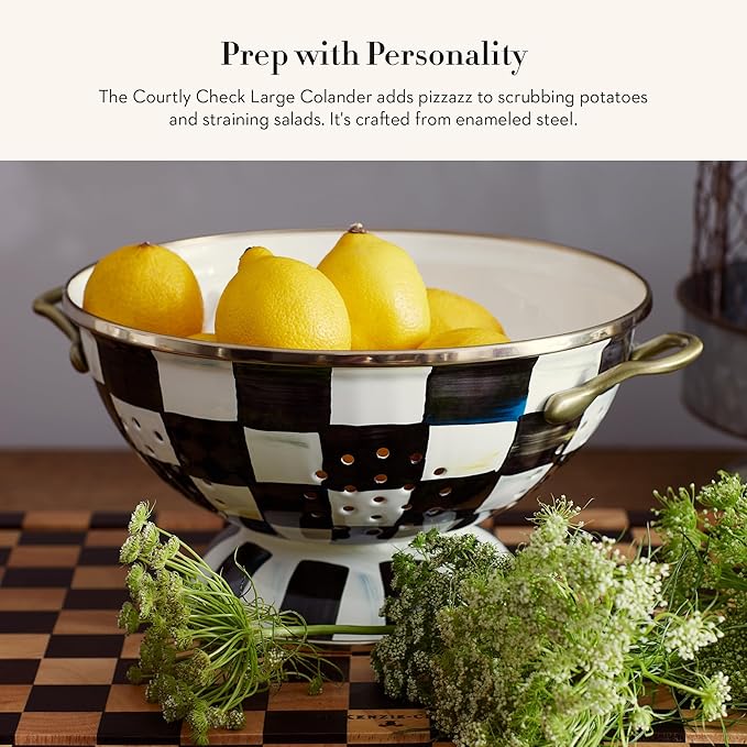MACKENZIE-CHILDS Enamel Colander, Decorative Kitchen Strainer, Large, Black-and-White Courtly Check