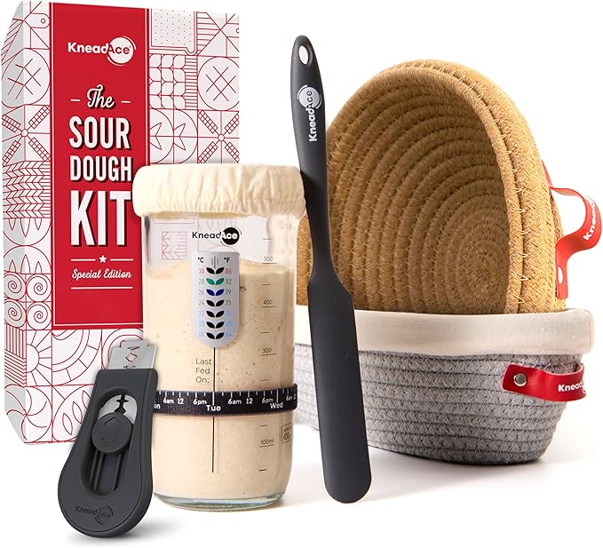 Sourdough Starter Kit – 24oz Starter Jar, 2 Cotton Rope Banneton Proofing Baskets, Magnetic Bread Lame for Scoring – Gift for Bakers & Complete Sourdough Bread Baking Set