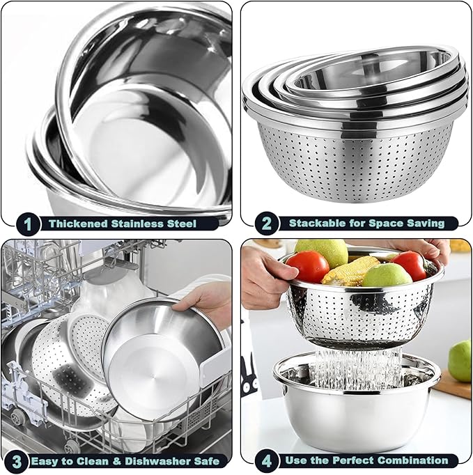 8+1 Stainless Steel Colander Set with Mixing Bowl, 4 Sizes (1.8QT, 2.3QT, 3QT, 4QT) with 1 Mesh Strainer, for Washing Rice, Fruits, Vegetables, Draining Pasta, Meat, and Spaghetti