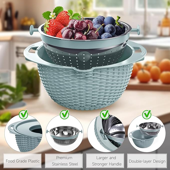 4-1 Strainer Bowl with Lid Set - Strainers and Colanders - Colanders for kitchen - Food Strainer with Graters & Spoons - Fruit Washing Bowl with Colander Pasta Rice Strainer for Veggie Wash - Blue