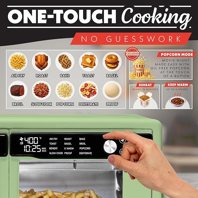 Gourmia French Door Digital Air Fryer Oven - 25-Quart XL Capacity, 12 Presets, Touchscreen, FryForce 360° Tech, Dehydrate, Proof, Slow Cook, Fits 13” Pizza, 1700W, Green