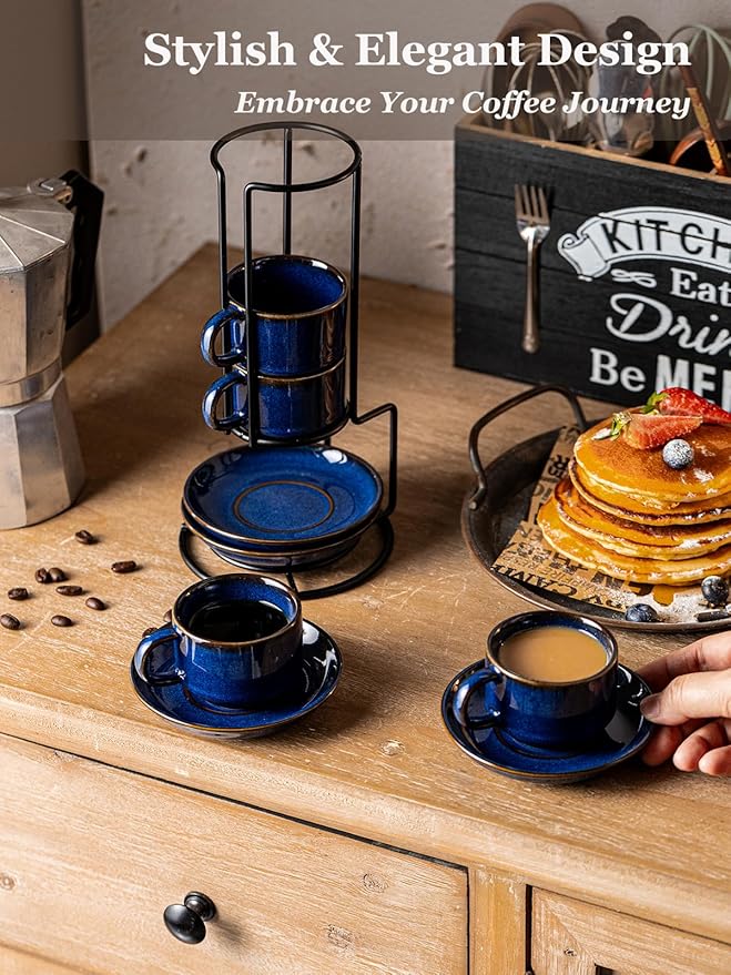 Gomakren 2.5 Ounce Espresso Cups Set of 4, Small Stackable Coffee Cups with Saucers and Metal Stand, Halloween Porcelain Demitasse Cups for Specialty Coffee Drinks, Espresso, Cappuccino, Cobalt Blue