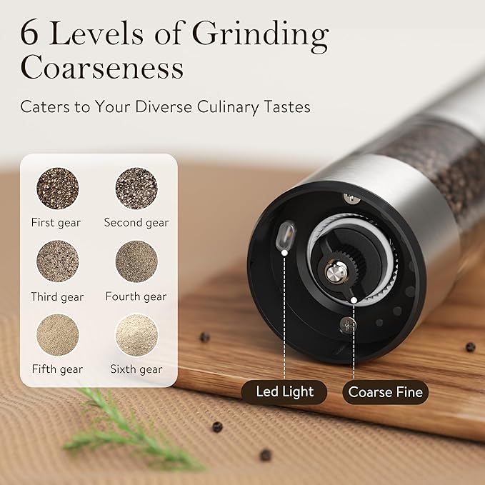 Ultrean Salt and Pepper Grinder Set, Rechargeable Salt and Pepper Shakers, 6 Adjustable Coarseness, LED Light, Kitchen Gadget & Housewarming Gift, Stainless Steel