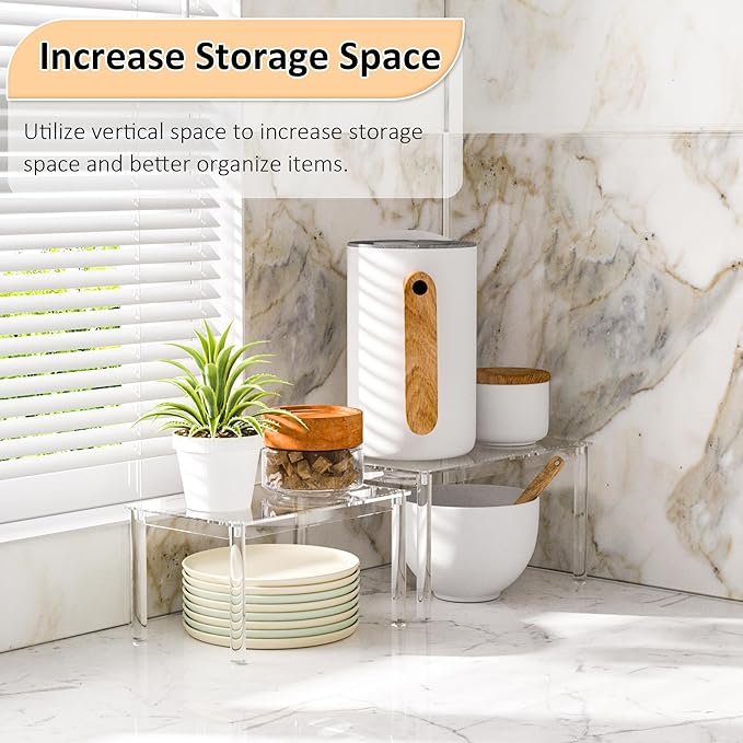 Acrylic Cabinet Organizer Shelf Set of 2, Clear Kitchen Counter Shelves Spice Rack, Pantry Kitchen Storage, Stackable, Expandable, Moisture Resistant