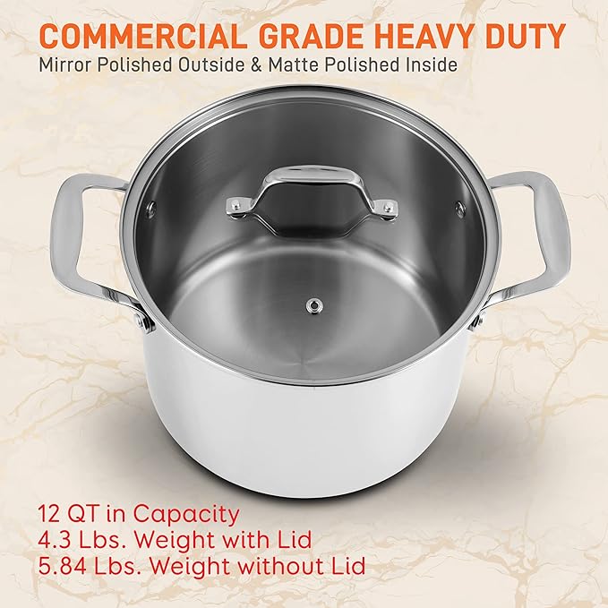 NutriChef 12-Quart Stainless Steel Stockpot – 18/8 Food Grade Heavy-Duty Induction-Compatible Pot with See-Through Lid, Ideal for Stews, Broths, Simmering & Soups, Dishwasher Safe – NCSP12