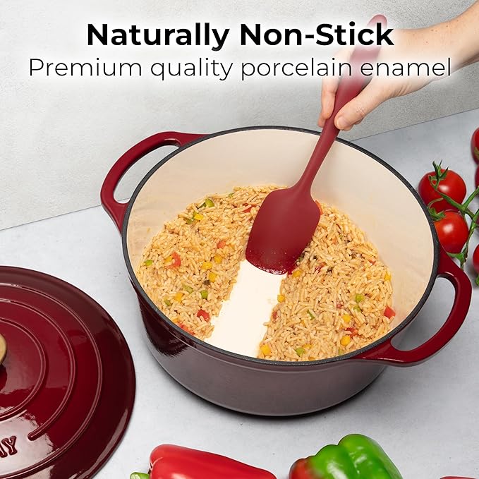 Zulay Kitchen 6 Quart Enameled Cast Iron Dutch Oven with Lid, Silicone Trivet & Heat Pad – Premium Durability & Oven Safe up to 500°F – Heavy Duty Cookware Perfect for Bread Baking, Stews, Braising & Roasting – Garnet