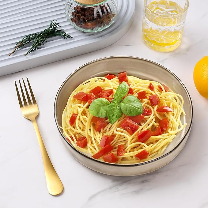 E-far Pasta Bowls Set of 4, 30oz Shallow Salad Bowls for Dinner Serving, 8.25" Stoneware Ceramic Bowl Plates for Noodle Soup, Microwave & Dishwasher Safe, Reactive Glaze, Khaki