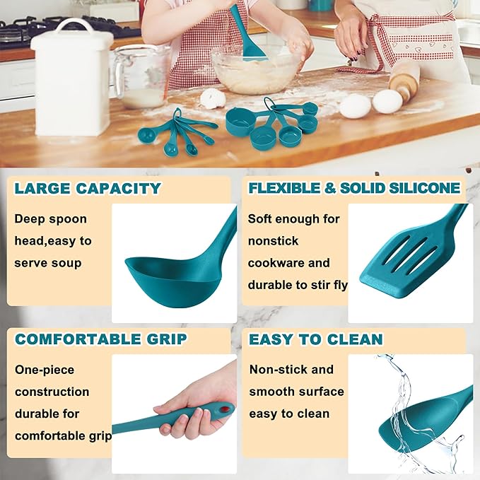 E-far Silicone Cooking Utensils Set, 24Pcs Heat Resistant Kitchen Utensil with Holder, Silicone Kitchen Tools with Spatula Turner Spoon Tongs Whisk, Non-Toxic & Dishwasher Safe (Blue)
