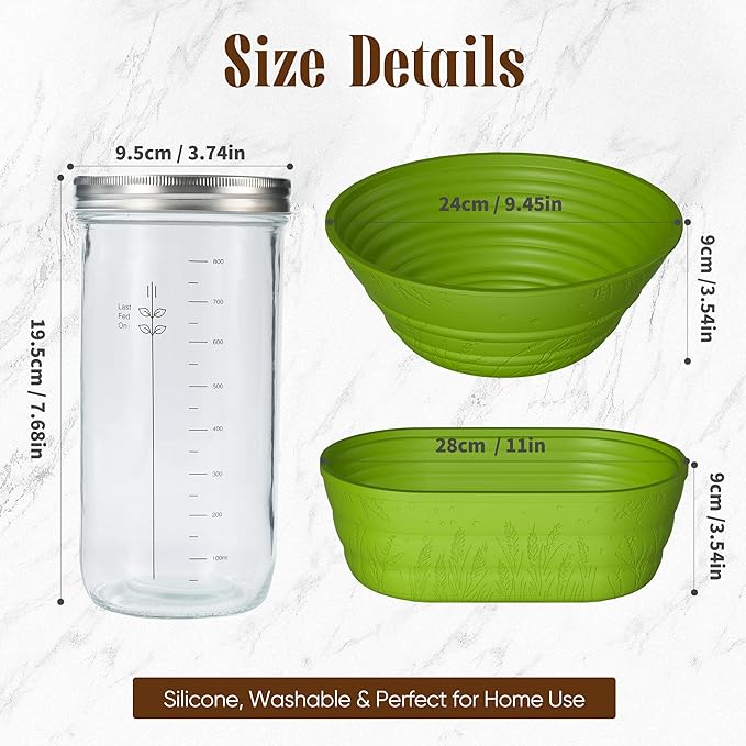 Sourdough Starter Kit with Jar – Complete Sourdough Bread Baking Supplies for Beginners, Includes 2 Silicone Proofing Baskets Baking Mat Sour Dough Kit - Green