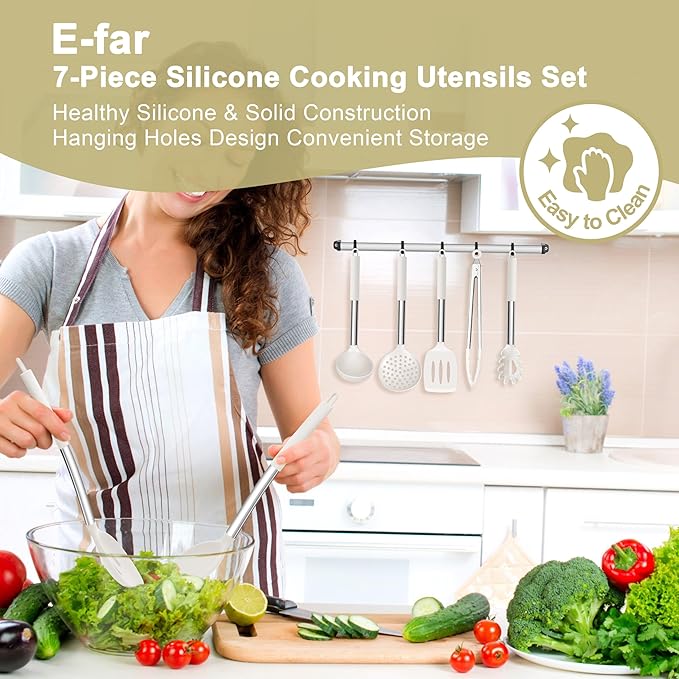 E-far Silicone Cooking Utensils Set, 7 Pcs Heat Resistant Kitchen Utensils with Stainless Steel Handle, Slotted Turner, Spoon, Soup Ladle, Pasta Server, Skimmer, Tongs for Nonstick Cookware, White