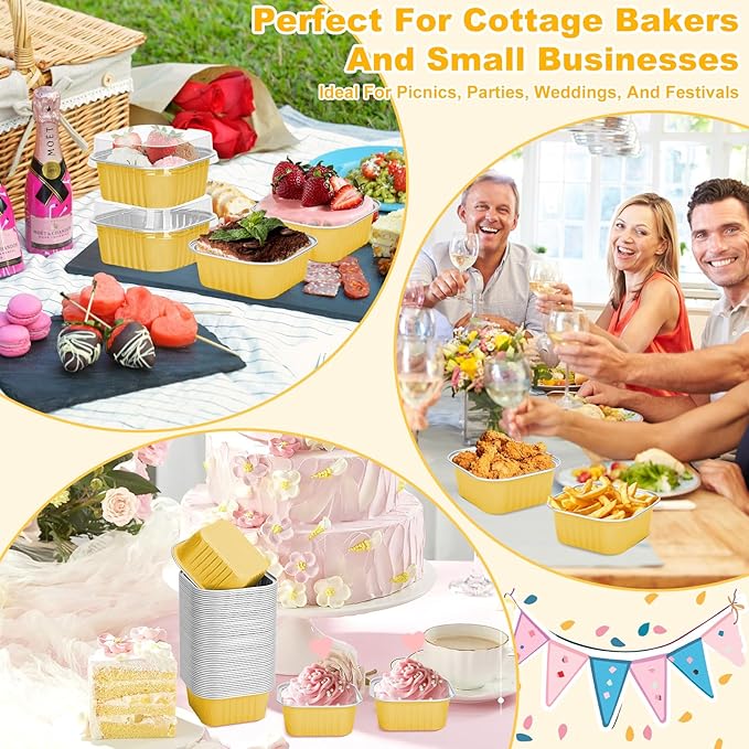 100 Pack Mini Cake Pans with Lids and Spoons, 5oz Square Aluminum Foil Loaf Pans Gold Small Cake Tins Disposable Baking Pans Dessert Cupcake Cups with Ribbon Decals for Wedding Birthday Party Picnics