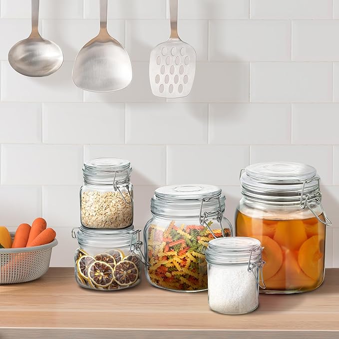 Glass Food Storage Jars with Airtight Lids 25 oz Square 4 Pack Kitchen Storage Containers Cabinet Canisters Sealed Pot Canning for Pasta, Cereal, Coffee, Beans, Spice