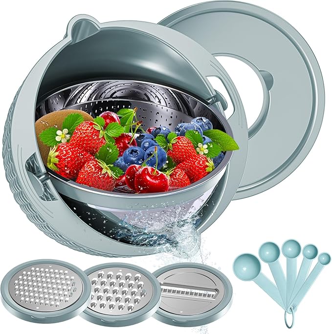 4-1 Strainer Bowl with Lid Set - Strainers and Colanders - Colanders for kitchen - Food Strainer with Graters & Spoons - Fruit Washing Bowl with Colander Pasta Rice Strainer for Veggie Wash - Blue