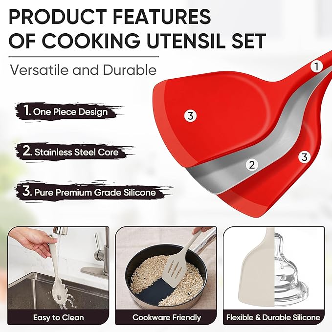 Herogo Silicone Cooking Utensils Set, 7-Piece Kitchen Utensils Set, Heat Resistant Cooking Gadget Tools Slotted Turner, Spoon, Soup Ladle, Pasta Server, Spatula, Tongs for Nonstick Cookware, Red