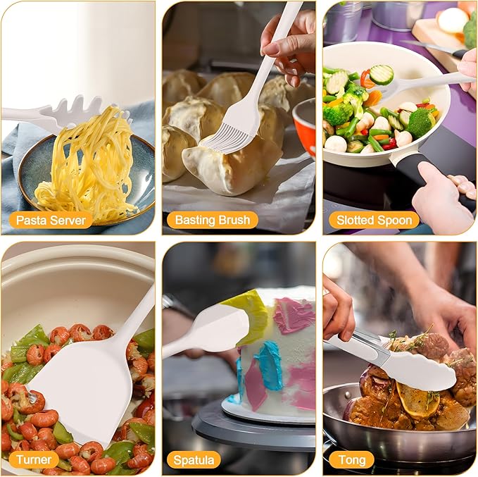 E-far Silicone Cooking Utensils Set, 25 Piece Kitchen Utensils with Holder, Non Toxic Kitchen Tools Spatula, Turner, Spoon, Ladle, Heat Resistant & Dishwasher Safe - Khaki