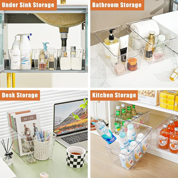 12 Pack Large Clear Plastic Storage Bins,Plastic Containers with Handle for Pantry Organizer and Storage,Perfect for Kitchen,Fridge,Cabinet, Closet,Bathroom Under Sink Storage