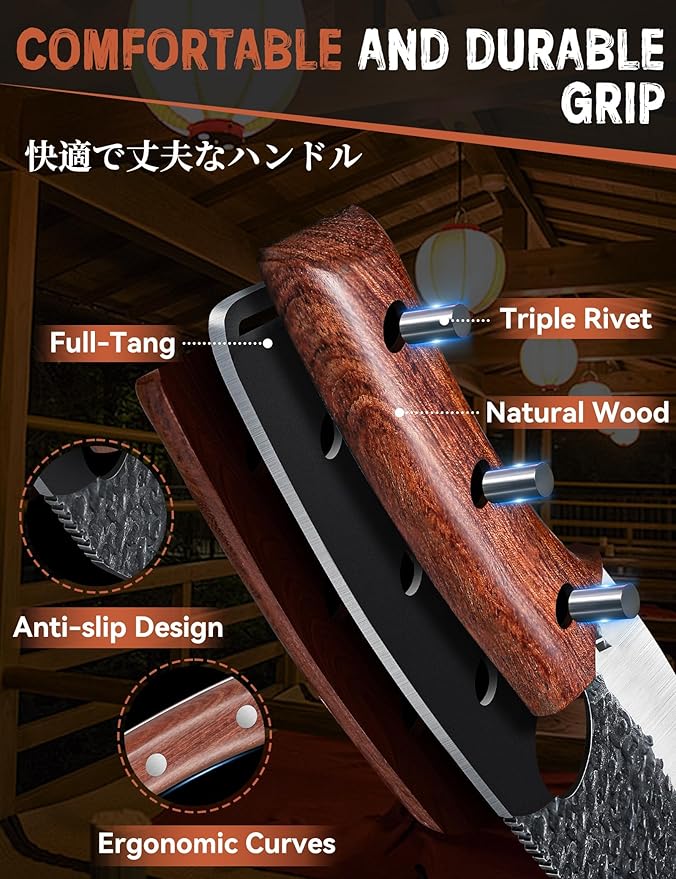 Huusk Viking Knife, Japanese Butcher Knife for Meat Cutting, Hand Forged Boning Knife with Ergonomic Wood Handle, High Carbon Steel Japanese Chef Knife for Camping, Outdoor, BBQ, Birthday Gift for Men