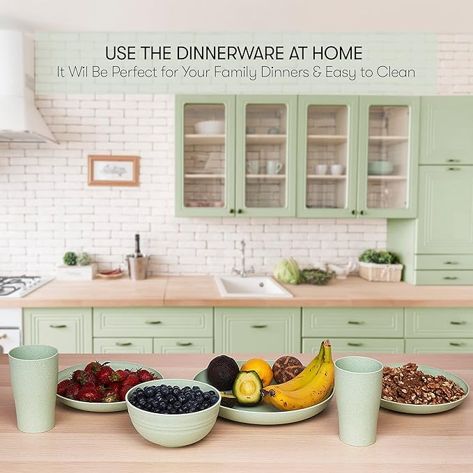 Wheat Straw Dinnerware Sets | Unbreakable Dinnerware Sets | Dishwasher Microwave Safe Dinnerware | Eco Friendly Non Breakable Dinnerware Sets | RV Outdoor Camping (Green, Service for 4 (16 pcs))