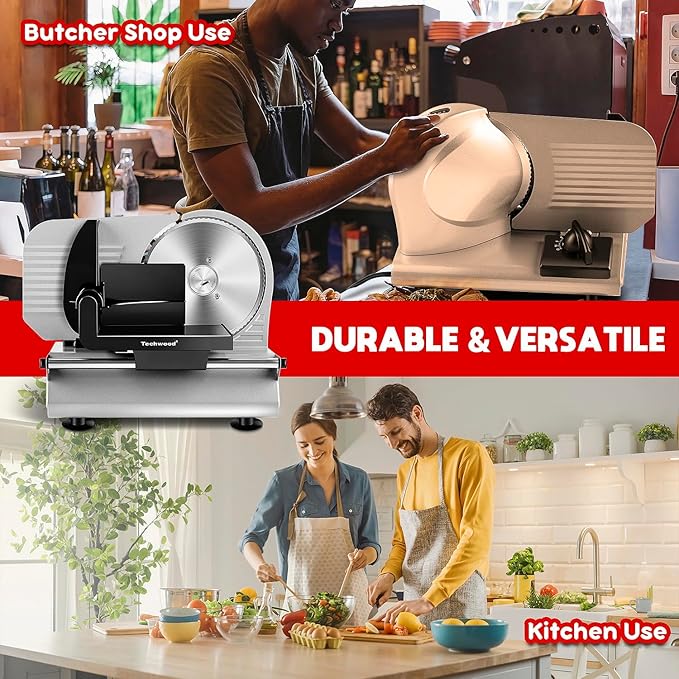 Meat Slicer, Techwood 150W Electric Slicer for Home Use with 2 Removable 7.5" Stainless Steel Blade, Deli Cheese Fruit Vegetable Bread Cutter with Adjustable Thickness, Easy to Clean, Silver