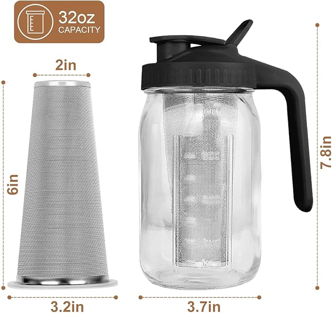 Cold Brew Coffee Maker,32 Oz Mason Jar Pitcher with Stainless Steel Filter, Pour Spout Handle Lid, Heavy Duty Glass Airtight & Leak-Proof Pitcher for iced coffee Tea Lemonade-Black