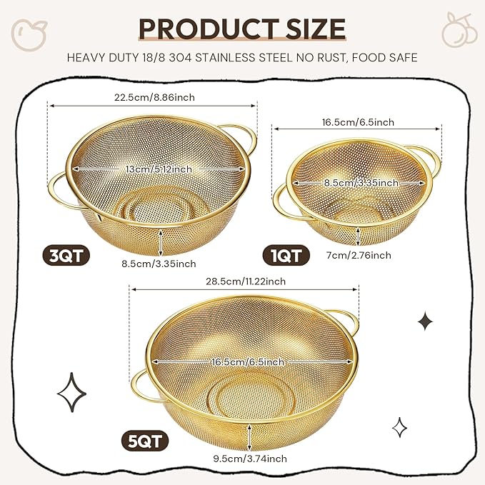 Baderke 3 Pieces Stainless Steel Gold Colander Metal Strainer with Handle Pasta Gold Colander for Kitchen Draining Pasta Rinsing Vegetables Rice Food, 3 Sizes(1-3-5 Quart,Classic)