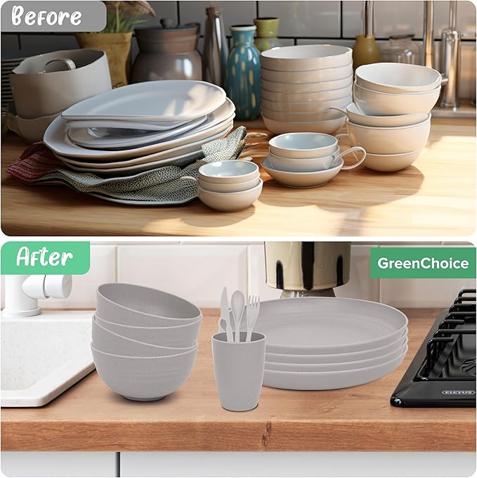 Wheat Straw Dinnerware Sets for 4 - GreenChoice Lightweight & Unbreakable Dishes Microwave & Dishwasher Safe Perfect for Camping, Picnic, RV, Dorm Plates, Cups and Bowls (Gray)