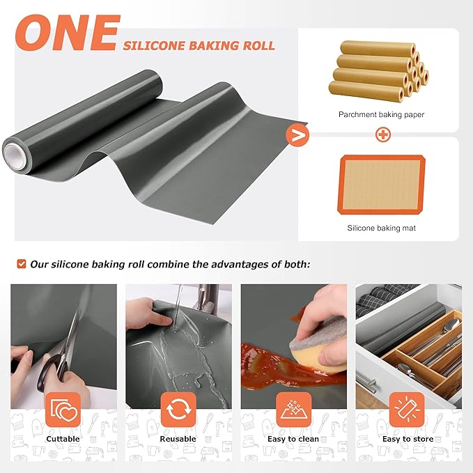 Silicone Baking Mat Roll - Best German Silicone - Non-slip Silicone Pastry Mat, Non-Stick Reusable Air Fryer Linner, Counter Mat, Oven Liner, Freeze Dryer Mat - 12IN x 13.3FT