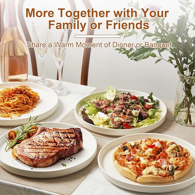 Jassceram 10.5 Inch Dinner Plates, Ceramic Flat Plates for Dining and Kitchen, High Edge Modern Plates - Microwave, Oven and Dishwasher Safe, Scratch Resistant and Lead-free, Set of 6, White