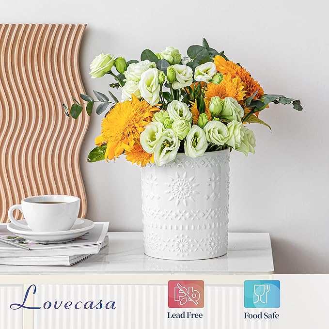LOVECASA Extra Large Kitchen Utensil Holder, 7.2" Ceramic Farmhous Utensil Holder For Kitchen Countertop Décor With Heavy And Sturdy Base, Utensil Crock Organizer, White