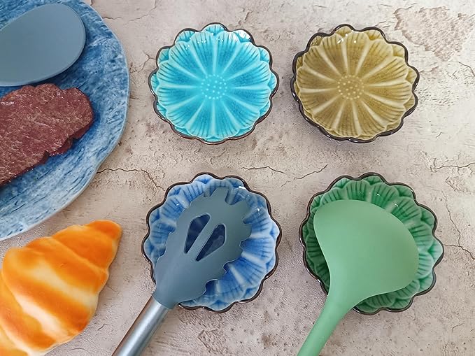 Ceramic Spoon Rest for Stove Top, Flower Cute Spoon Rest for Kitchen Counter, Cooking Spoon Holder for Kitchen Counter, Utensil Rest Spatula Rest Ladle Holder Tong Rest, 1 PC (Ice Cracks, Lake Blue)