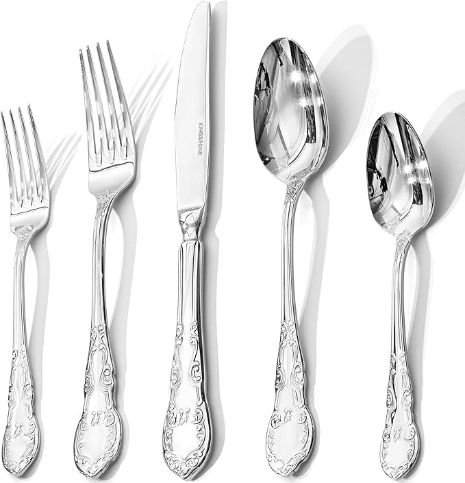KINGSTONE Vintage Silverware Set, 40-Piece 18/10 Stainless Steel Silverware Set for 8 with Floral Handles, Design Mirror Polished, Utensil Sets for Home Restaurant Wedding,Dishwasher Safe