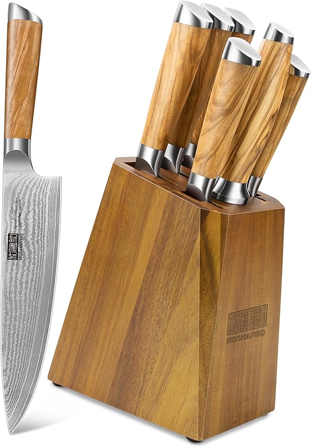 Knife Set with Block 7-Piece, Professional 67-layer Damascus Super Steel Kitchen Knife Sets for Cooking, Ultra Sharp Knife Set with Sharpener