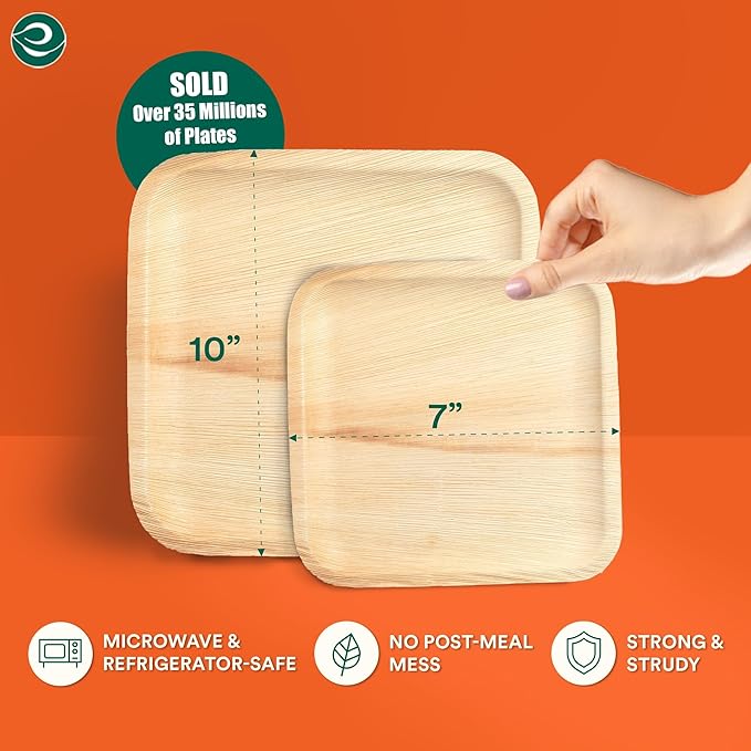ECO SOUL Compostable 7 & 10 Inch Palm Leaf Square Plates (100 Count) Like Bamboo Plates | Biodegradable | Eco-Friendly, Microwave & Oven Safe - Party Pack