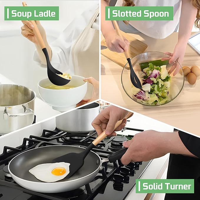 TeamFar Silicone Cooking Utensils Set of 6, Kitchen Utensils with Wooden Handles, Slotted Turner, Soup Ladle, Spoon for Non-stick Cookware, Heat-Proof, Non-Scratch, Black