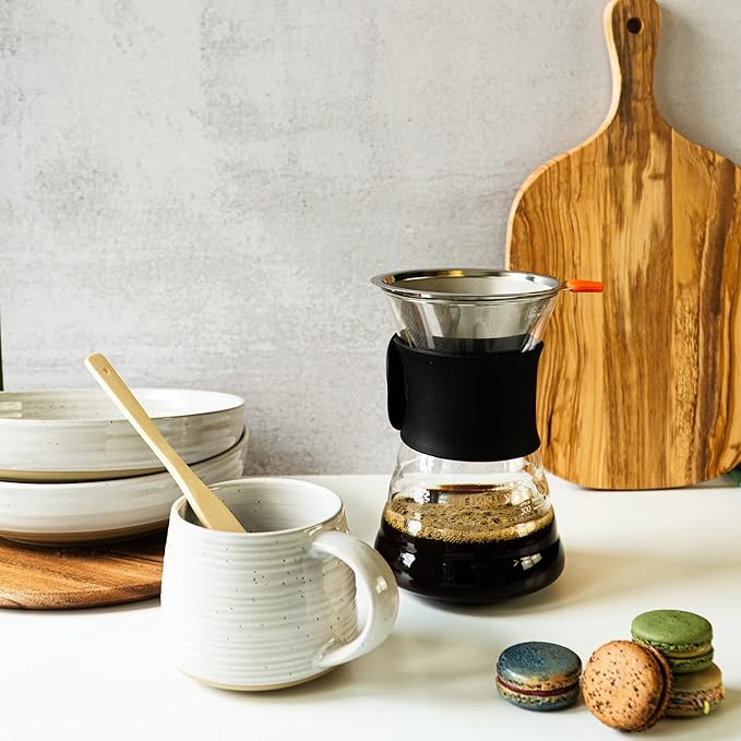 Reusable Coffee Filter for Pour Over Coffee Maker | Dual Layered Pour Over Mesh Filter with Glass Rest | Stainless Steel Coffee Filter & Glass Measuring Cup